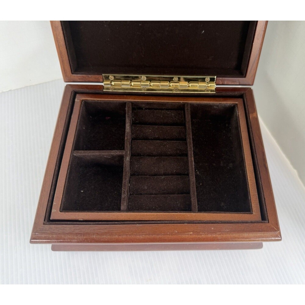Vintage Wooden Jewelry Box 2 Tier Removable Tray Ring Storage Velvet Lined 7” - Picture 4 of 15
